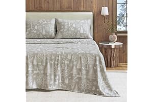 Great Bay Home Flannel Sheet Set Queen Size - 100% Turkish Cotton, Double-Brushed, Lodge-Printed Bed Sheets - Ultra-Soft, Cozy, 4-Piece Bedding Set (Enchanted Woods - Grey)