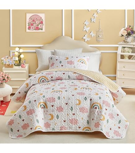 Butterfly Flower Bedspread Set For Girls - Twin Size Purple Pink Quilt & Pillow Sham