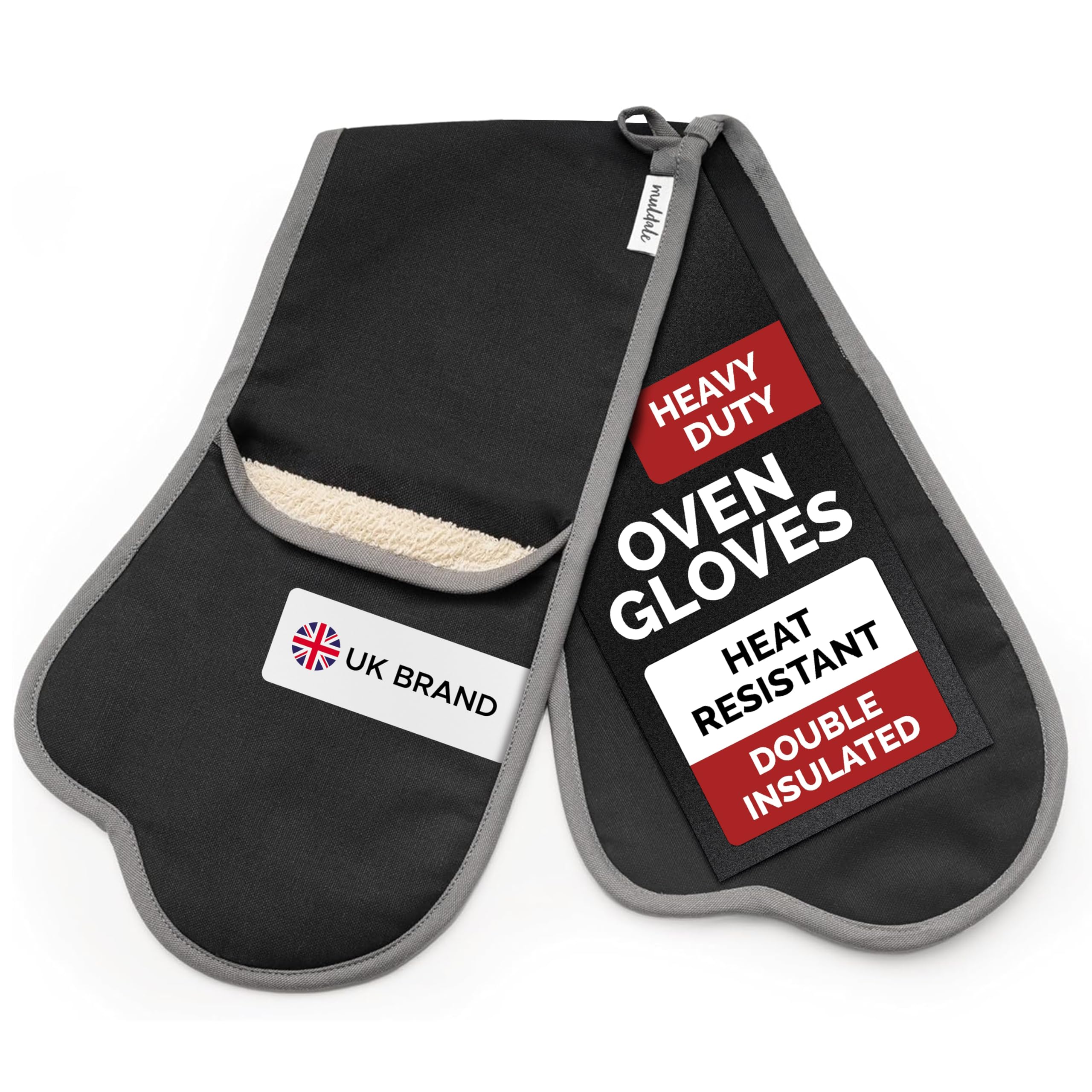 Muldale Black Double Oven Gloves Insulated - Aga Oven Gloves with Thumbs and Terry Towelling - Professional Heavy Duty Pair Mitts for Kitchen - Heat Resistant to 250°C