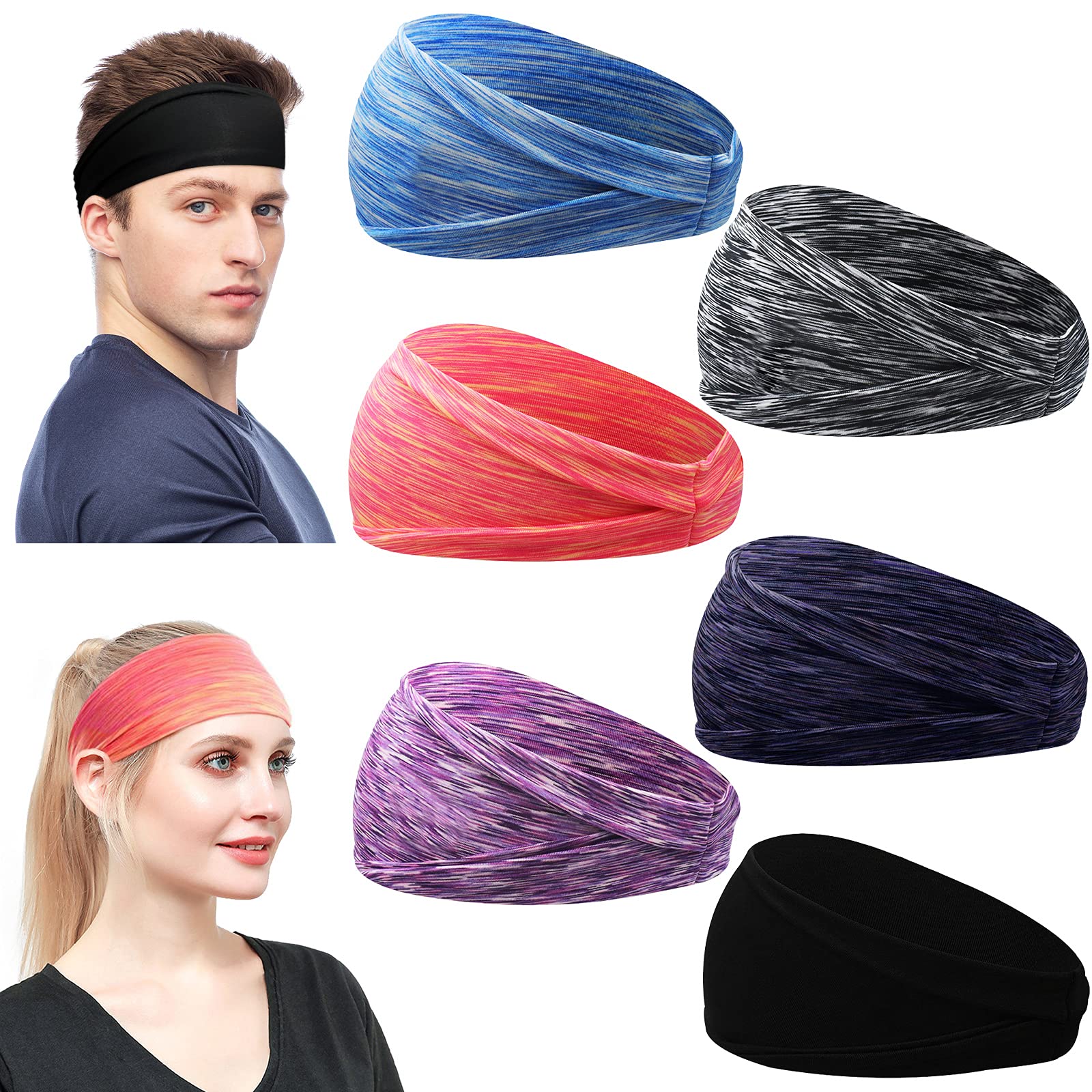 Sports Headbands, ANGGO 6 Pcs Sports Running Headband Sweatbands for Men Women Non Slip Exercise Fitness Headbands Stretchy Hair Bands Sweat Bands for Workout Running Yoga Gym Walking Cycling
