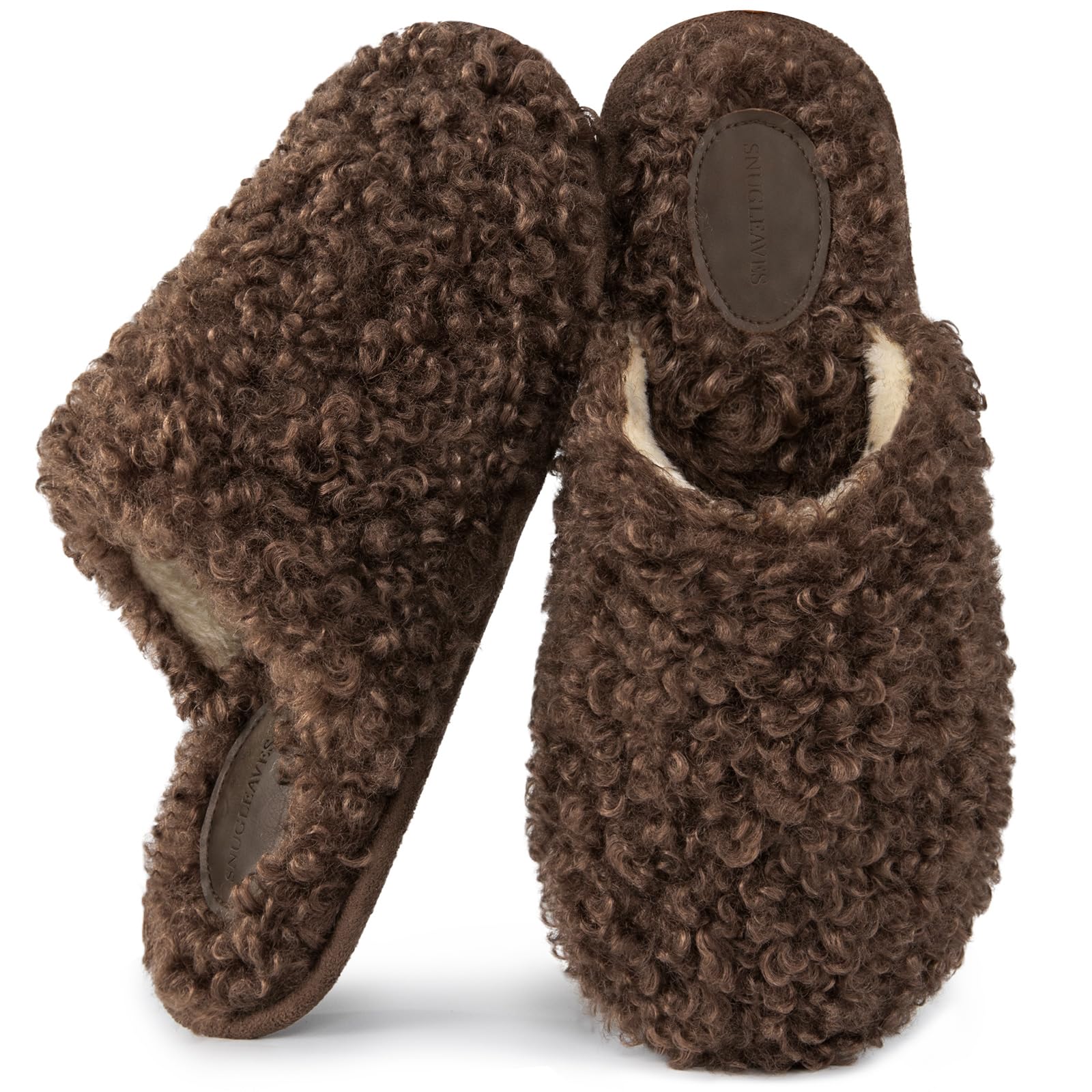 Photo 1 of Snug Leaves Women's Scuff Slippers Furry Cute Curly Faux Wool Slip-on Indoor Memory Foam House Shoes Nutty Mocha, 7-8 US