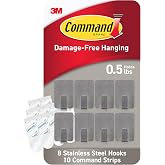 Command Small Stainless Steel Hooks, 8 Hooks, 10 Strips | Damage-Free Hanging with Adhesive, Heavy Duty Hanging Great for Home and Room Decor, Holds up to 0.5 lb