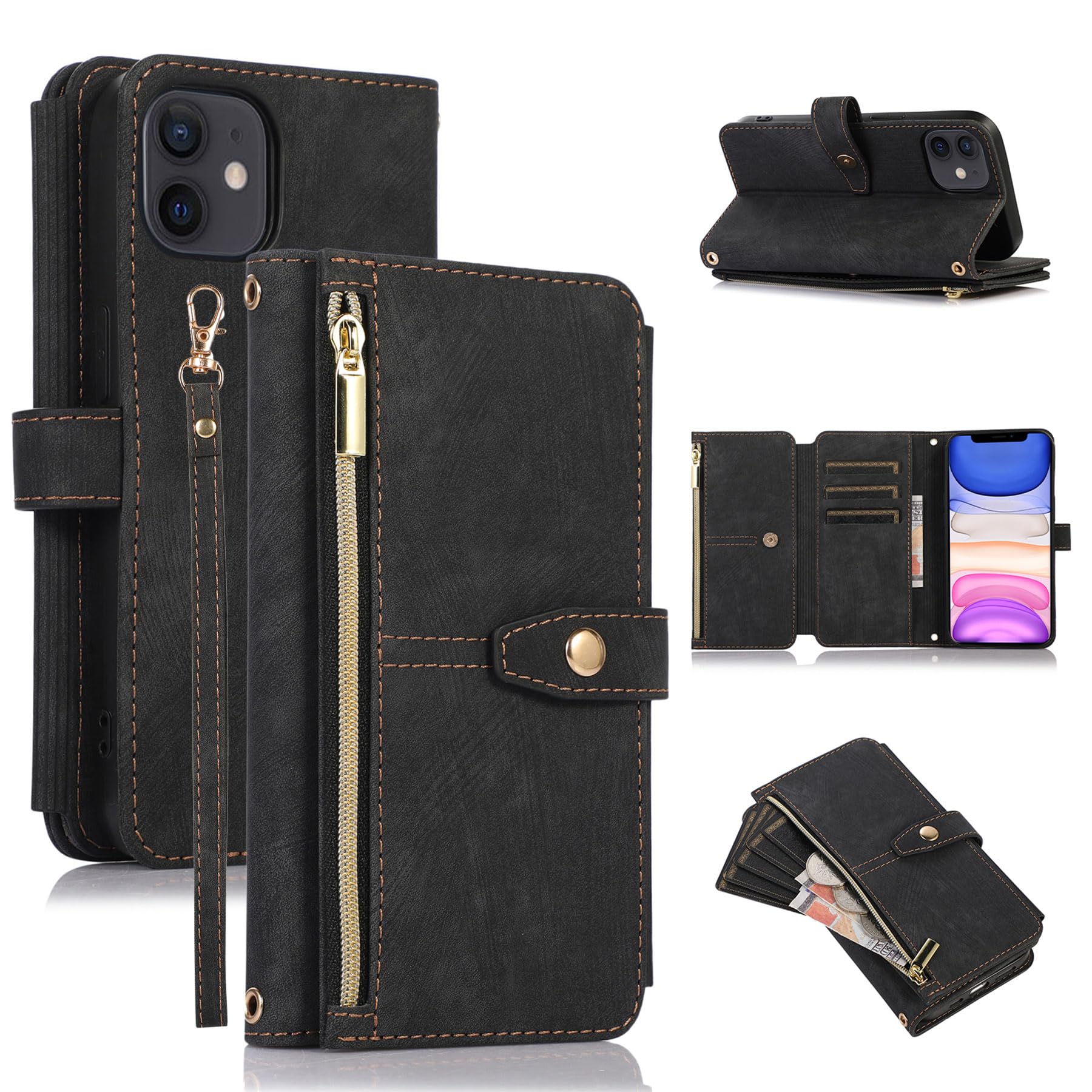 ZCDAYE Wallet Case for iPhone SE/iPhone 7/iPhone 8, Premium Leather Phone Case Women Ladies Holster with Card Slots Wrist Strap Zipper Flip Phone Cover for iPhone SE/iPhone 7/iPhone 8, Black — image 1