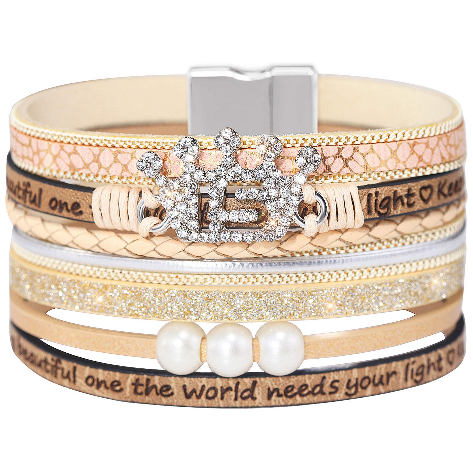 Gleamart Happy Birthday Bracelet Women Multilayer Leather Bracelet Crown Braided Bangle Present for Her 15th