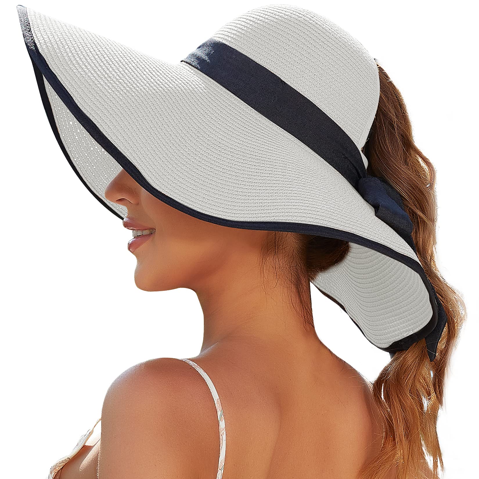Photo 1 of Sun Beach Hats for Women with Ponytail Hole, Floppy Wide Brim Hat, Straw Summer Packable Sunhat Foldable Sun Protection White