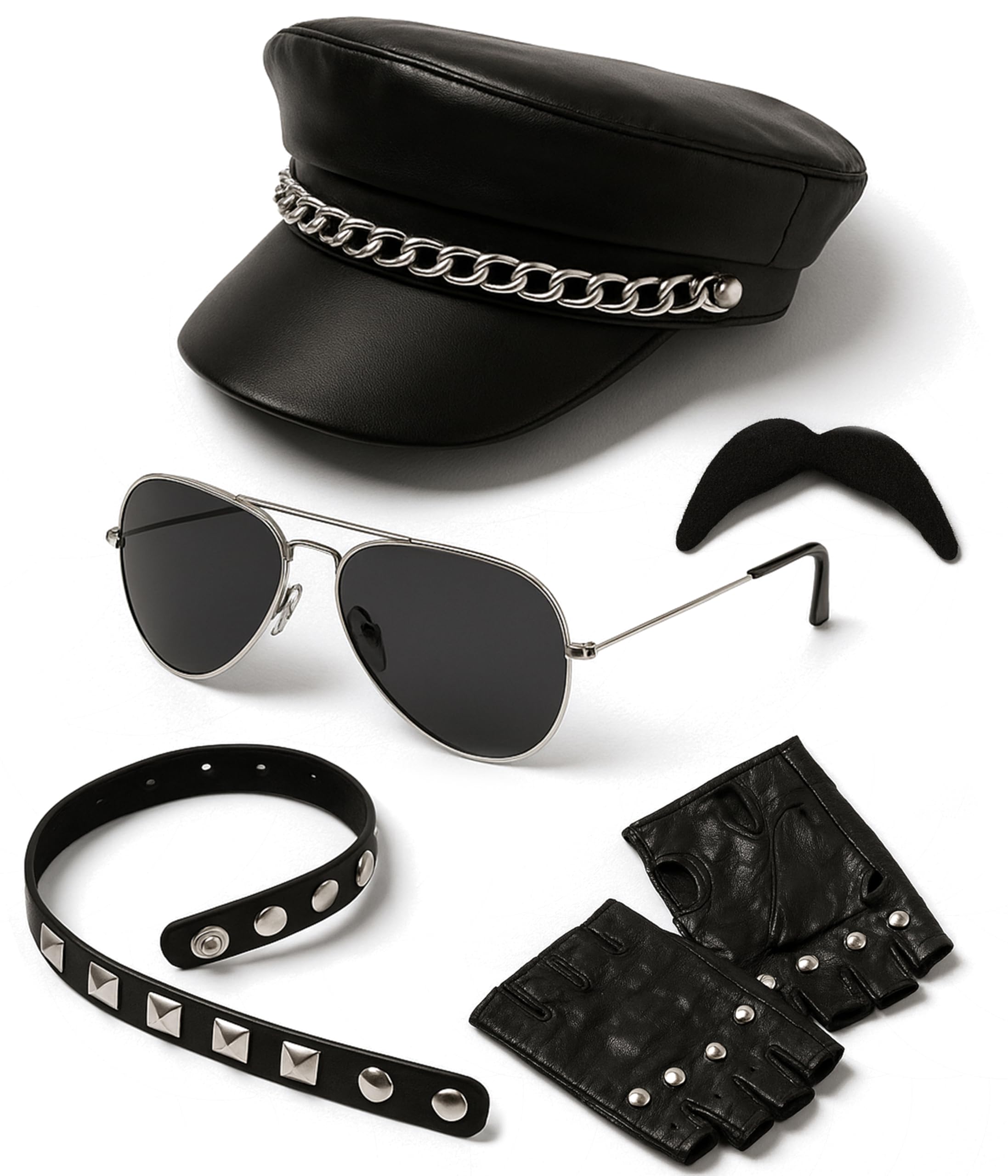 Blue Planet Online - Leather Look Biker Hat, Sunglasses, Gloves, Choker & Moustache YMCA Gay Pride Fancy Dress