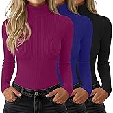 Velvelhall 3 Pack Women’s Ribbed Turtleneck Tops Long Sleeve Cotton Stretch Shirts Slim Fit Base Layer Undershirt Tees