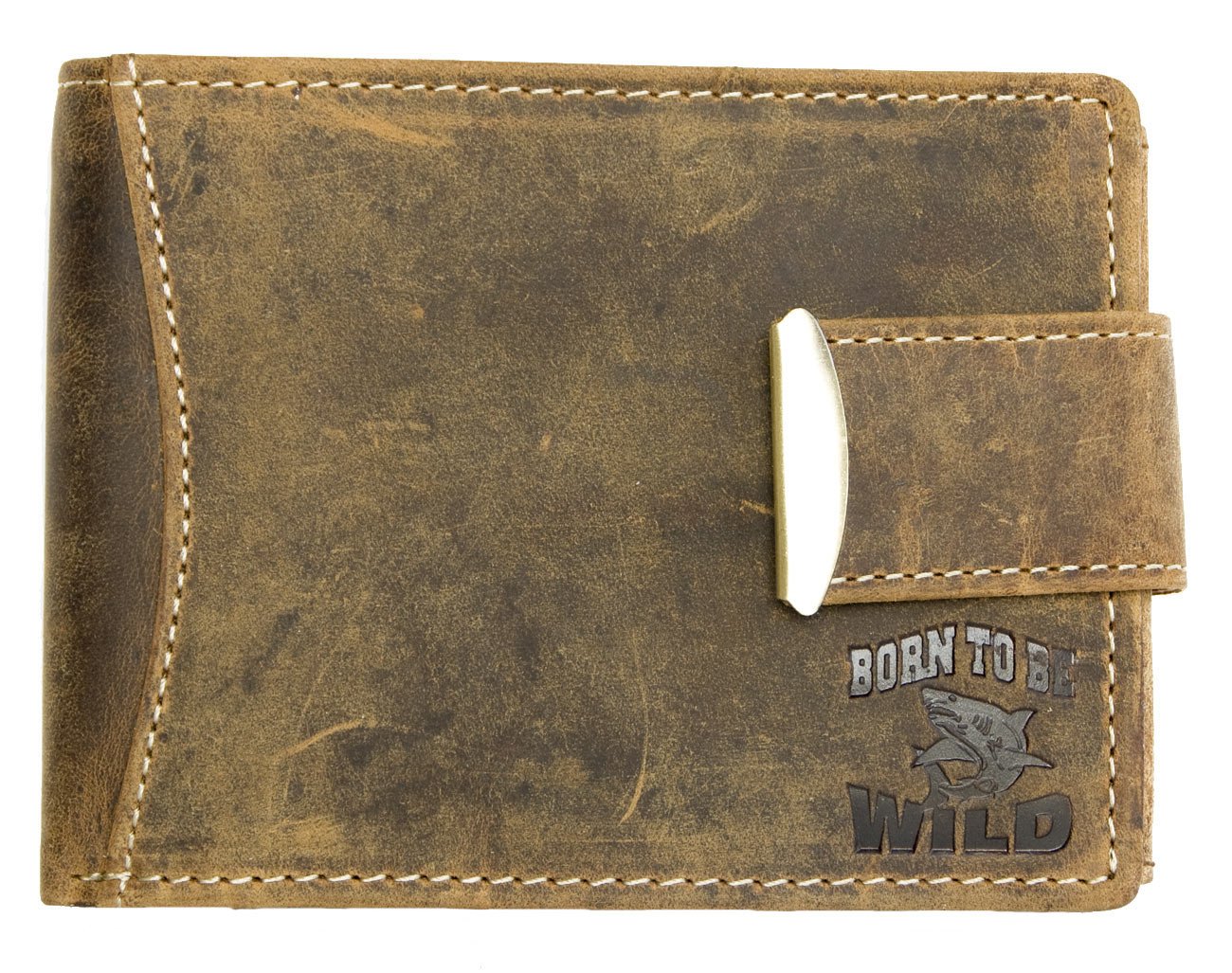 Men's Hunter Style Brown Strong Genuine Leather Wallet with Shark