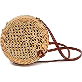 XEVAR Handwoven Round Rattan Bag with Leather Strap – Boho Wicker Straw Crossbody Purse for Women, Gift for Valentine day