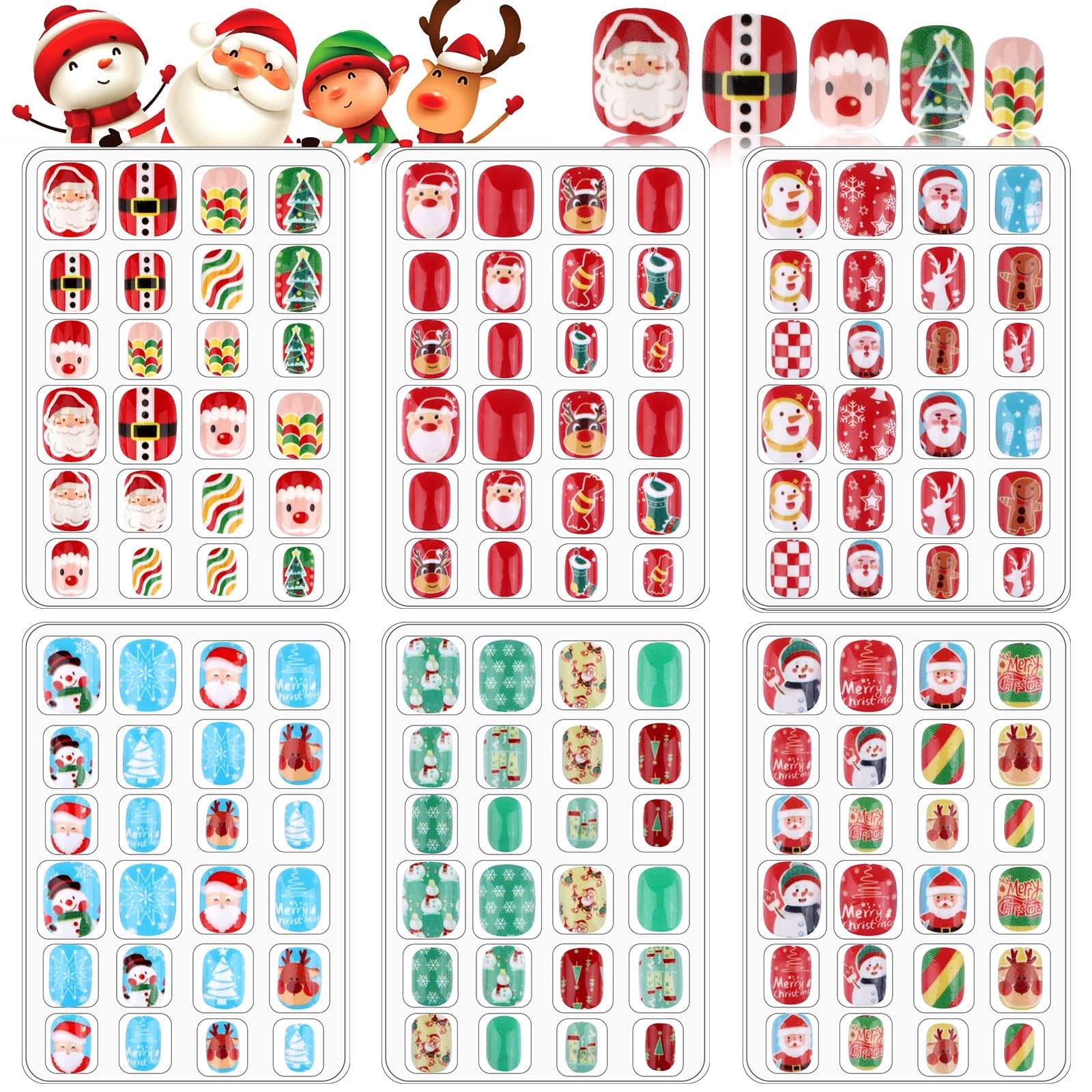 EBANKU 6 Packs Christmas Kids False Nails Press on Nail, Children Full Cover Short False Fingernails 3D Santa Claus Snowman Christmas Tree for Girls Kids (B)
