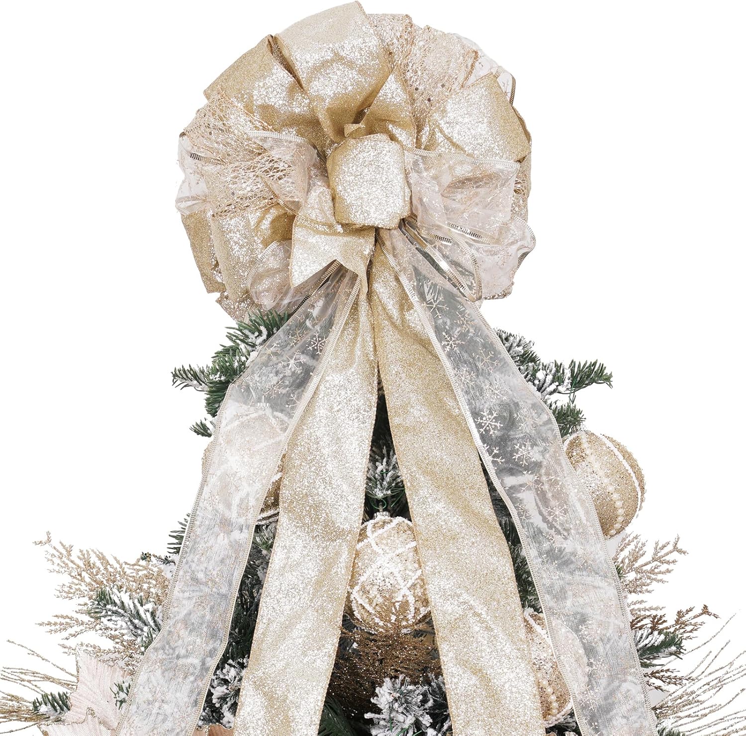 Tree Toppers - Christmas Tree Topper Bow,Christmas Ornament with Glitter Satin Mesh Streamer,for Your Christmas Decor & Gift(Champagne Gold)