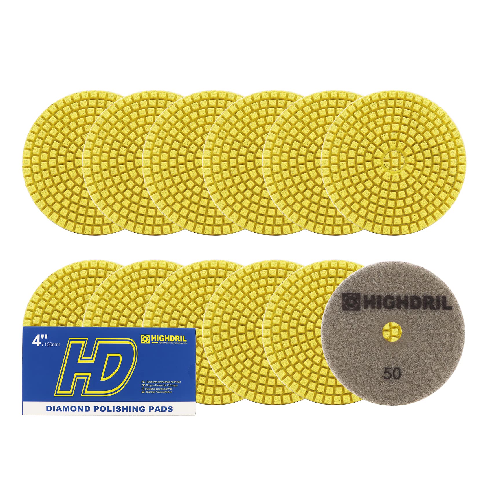 Wet Diamond Polishing Pads,HIGHDRIL 12pcs 100MM #50,for Granite Marble Sanding Used on Grinder or Polisher