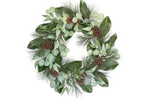 CG Hunter Holiday Collection Faux Wreath, Premium Artificial Indoor and Outdoor Large 28" Magnolia, Eucalyptus, Pinecone, Needle Pine Christmas Wreath, Christmas Decorations and Holiday Greenery