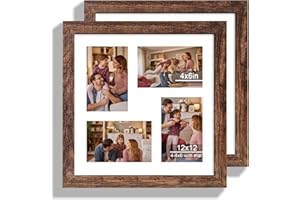 Hongkee 12x12 Picture Frame Set of 2, Rustic Brown Wood Frame with Glass Collage Frame, Display Pictures 4-4x6 With Mat or 12 x 12 Without Mat,Square Photo Frames Collage for Wall Hanging or Tabletop