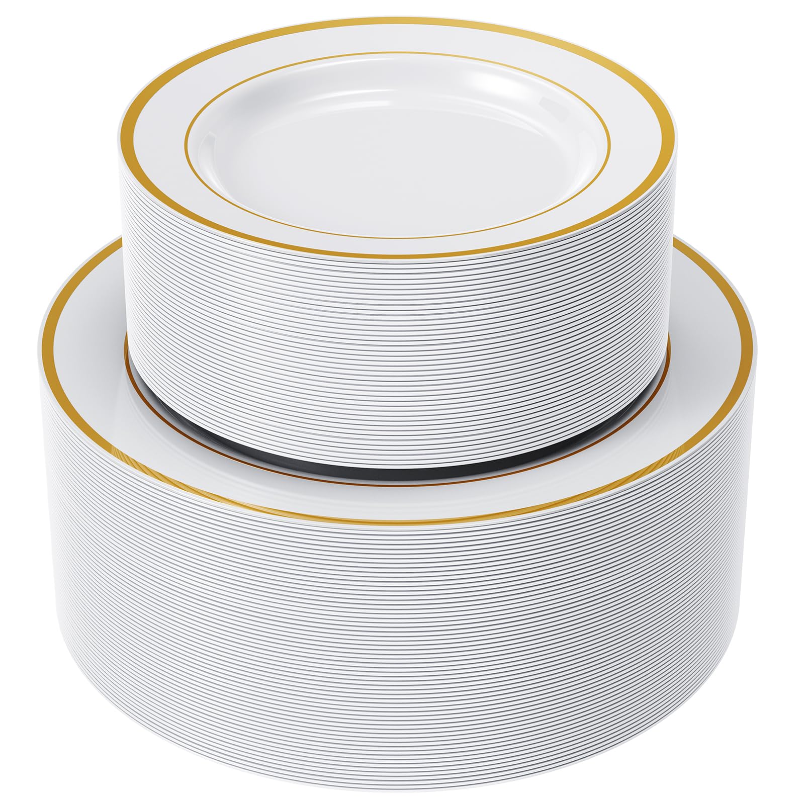 Photo 1 of FOCUSLINE 120Pcs Gold Plastic Plates, Disposable White and Gold Rim Plastic Plates, Including 60 10Inch Dinner Plates, 60 7Inch Dessert Plates, Elegant Fancy Heavy Duty Wedding Party Plates