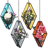 Hushee 4 Pcs Stained Glass Hanging Plant Terrariums Hanging Glass Planter Air Plant Holders with Chain for Window Christmas Home Decor Gifts for Mom Women, 7.87 x 3.94 x 1.97 Inch(Cute Color)