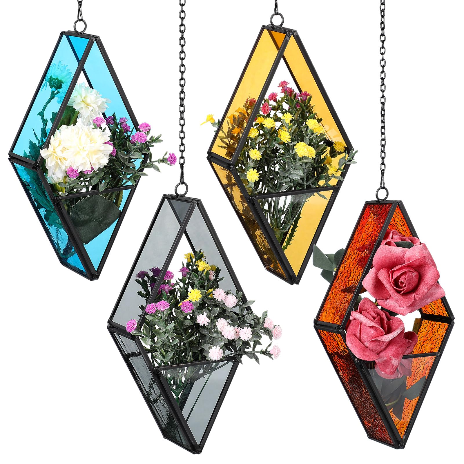 Photo 1 of Hushee 4 Pcs Stained Glass Hanging Plant Terrariums Hanging Glass Planter Air Plant Holders with Chain for Window Christmas Home Decor Gifts for Mom Women, 7.87 x 3.94 x 1.97 Inch(Cute Color)