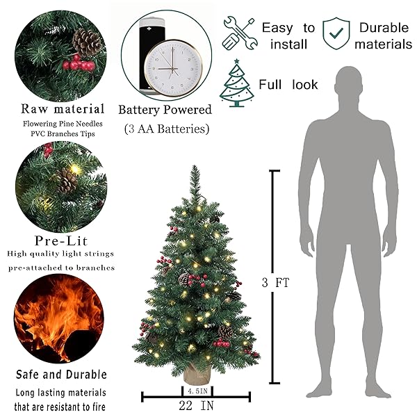 3FT PRE-LIT MINI CHRISTMAS TREE,ARTIFICIAL PINE 121 PVC BRANCHES TIPS WITH 11 RED BERRIES & 11 PINECONE & 70 LED STRING LIGHTS & BURLAP WRAPPED BASE DECOR XMAS TREE FOR TABLETOP,BATTERY OPERATED