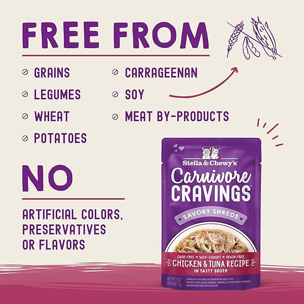 STELLA & CHEWY’S CARNIVORE CRAVINGS WET CAT FOOD – PREMIUM POUCHES – GRAIN FREE, HIGH PROTEIN CHICKEN & TUNA – PERFECT FOR PICKY EATERS – COMPLETE MEAL OR TOPPER (2.8 OZ, 12 PACK)