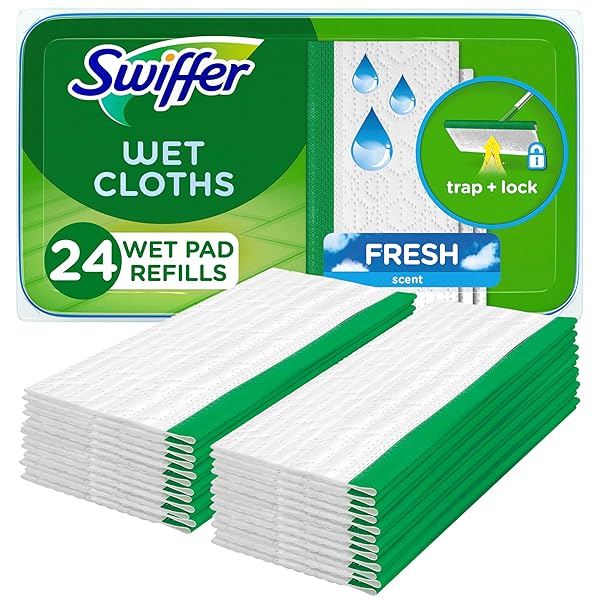 SWIFFER SWEEP + MOP, WET PADS REFILL, FLOOR CLEANER FOR DIRT, DUST, HAIR, CLEANING CLOTHS FOR MOPPING HOME, BATHROOM, KITCHEN, ALL PURPOSE MULTI-SURFACE FLOOR WIPES, FRESH, 24CT