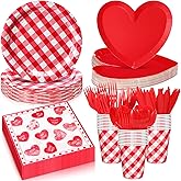 Jingmore 175 Pcs Valentines Party Supplies Set for 25 Guests Red Heart Paper Plates and Napkin Gingham Plates 9 oz Cups Plastic Fork Knife Spoon Disposable Tableware Decor Romantic Anniversary Wedding