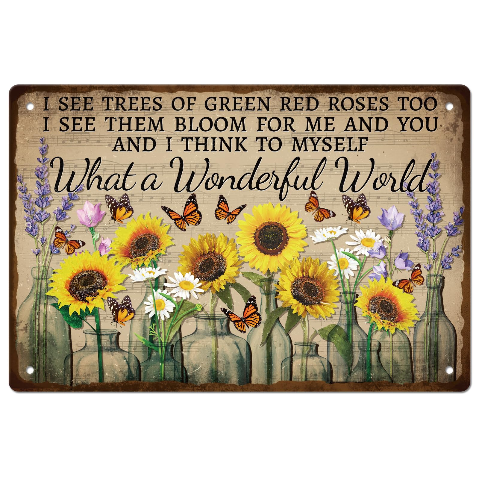 GLOBLELAND Vintage Metal Sunflowers Tin Sign Funny Retro Metal Butterflies Wall Decor Decorative Tin Sign Art Plaque Poster 8×12inch for Home Kitchen Bar Coffee Shop Club Decoration