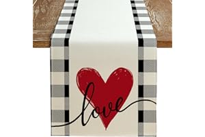 ARKENY Valentines Day Table Runner 13x72 Inches, Love Heart Seasonal Farmhouse Burlap Buffalo Plaid Indoor Kitchen Dining Table Decorations for Home Party AT062-72