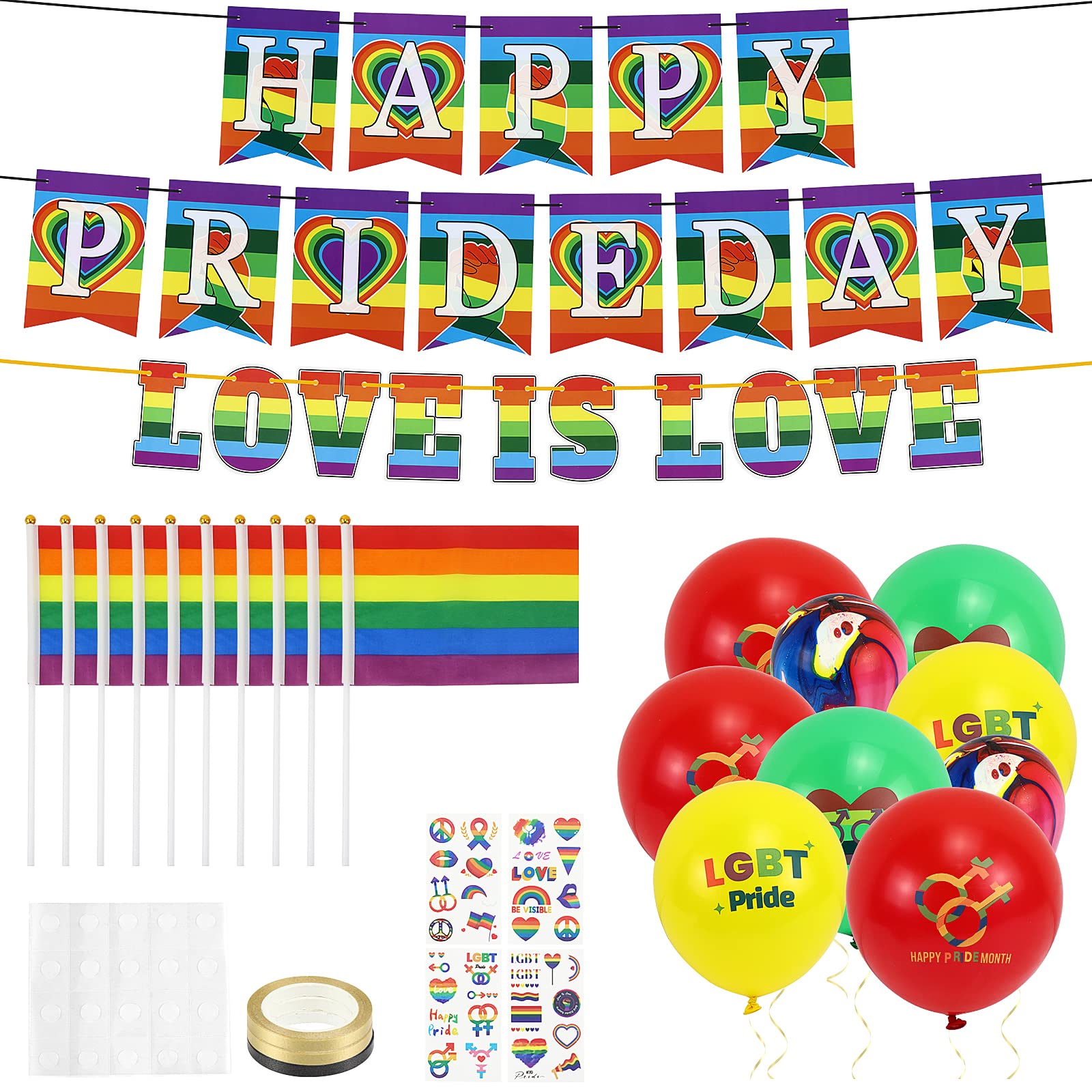 Meetory 53pcs Pride Flag Bunting, Rainbow Flag Gay Pride Accessories Set Inclued 10 Hand Flags, 2 Lesbian Bisexual Flag, 4 Tattoos, 16 Pride Ballons for Trans Lesbian Pride Parade Party