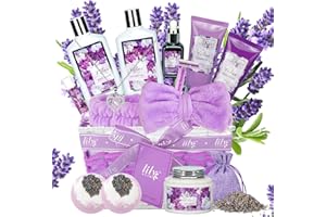 Mothers Day Gift Basket for Mom, Gifts for Women, Lavender Lilac Bath and Body Gift Basket Set - 18Piece Spa Gift Basket for 