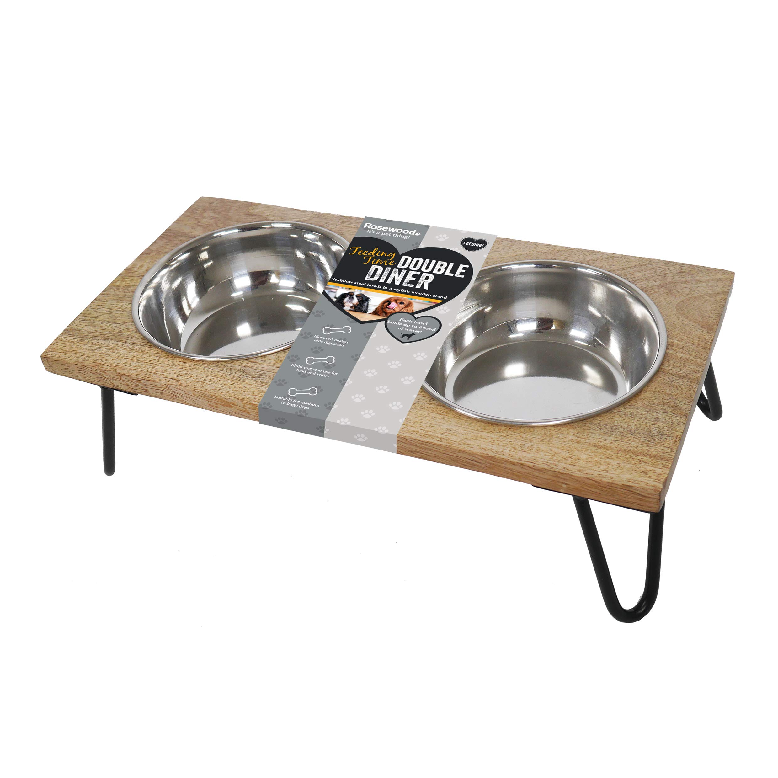 Rosewood Raised Dog Bowl for Medium and Large Dogs with a Sturdy Elevated Stand and Two Stainless Steel Water and Food Bowls, Wood, Large