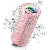 Ortizan Bluetooth Speakers, Portable Wireless Stereo Speaker - IPX7 Waterproof, 30W RMS(40W Peak) Loud Sound, Deep Bass, LED Light, Bluetooth 5.3, for Home/Shower/Outdoor/Beach, Gifts for Adult, Pink