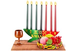 Mumufy 12 Pcs Kwanzaa Kinara Set Include 3 Red 3 Green 1 Black Candles Double Sided Wooden Candle Holder Wine Glasses Basket Bamboo Table Mat Kente Cloth for Kwanzaa Celebration Decoration(Classic)