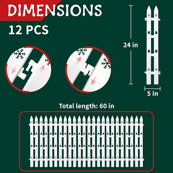 24″ EXTRA TALL FENCE FOR CHRISTMAS TREE,12PCS WHITE PICKET FENCE GATE BARRIER WITH SNOWFLAKES&TREE PATTERNS CHRISTMAS TREE GATE FOR PETS(24″ H X 5″ W EACH)