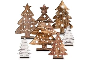 HEDEEY 6 Pcs Wooden Christmas Tree Tabletop Decor,6 Sizes Freestanding Wooden Xmas Tree Decorations,Rustic Christmas Tiered Tray Centerpieces Signs for Indoor Holiday Home Decor