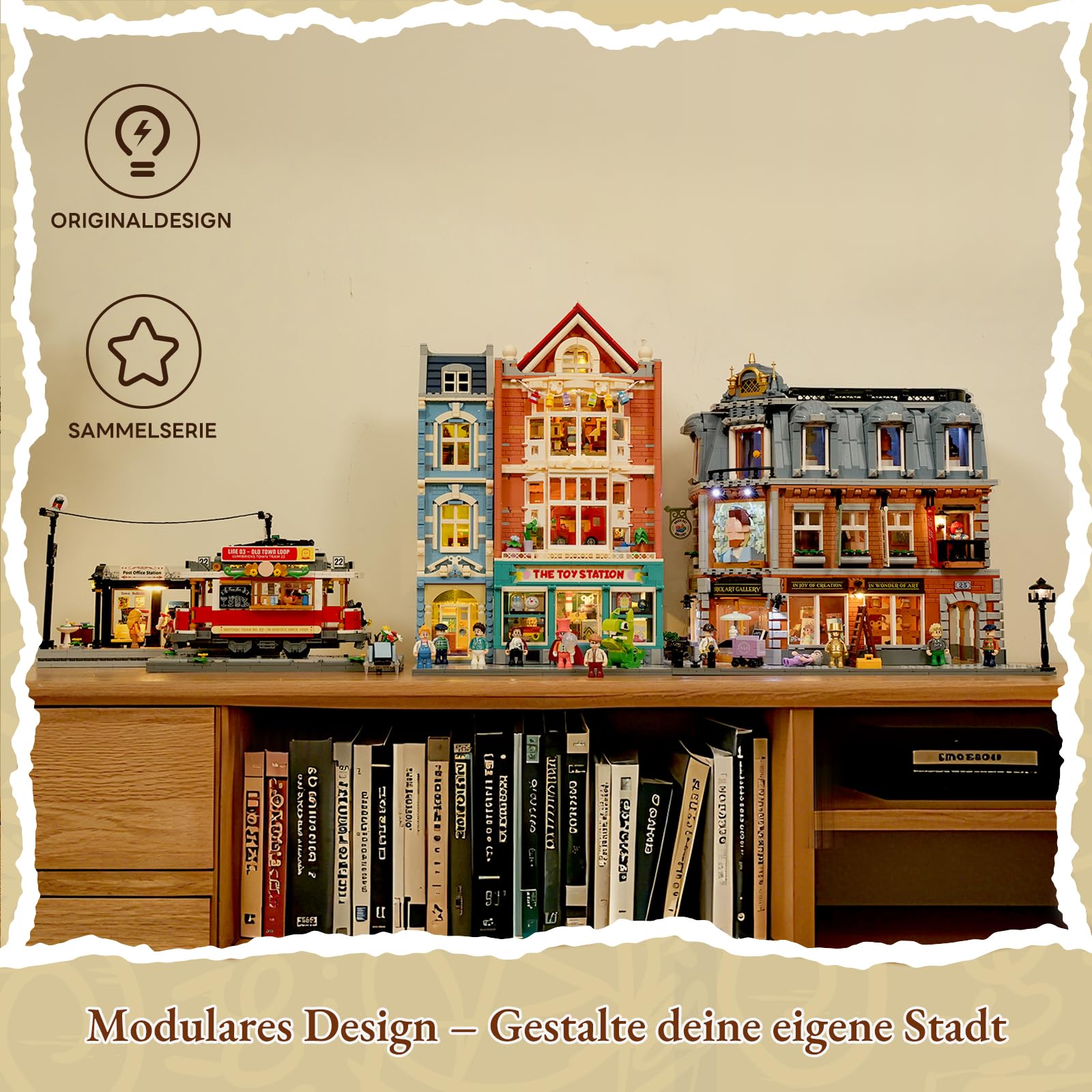 Lumibricks Heritage-Straßenbahn und -Haltestelle Bausatz mit Licht, Vintage-Dekor,kompatibel mit Modular Buildings,1274Pcs,Alter 16+, L9084 6