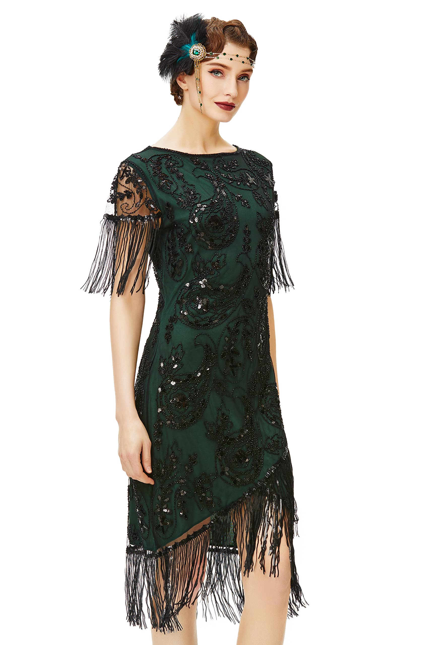 Photo 1 of BABEYOND 1920s Flapper Dress Great Gatsby Fringed Sequins Dress for Prom Party (Dark Green, M)