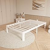 HQU 12 Inch Twin Bed Frame, Platform Bed Frames with Metal Gaskets, Anti-Slip Mattress Stopper, No Box Spring Needed, Heavy Duty Steel Slat Support, Round Corner Leg, Easy Assembly, White