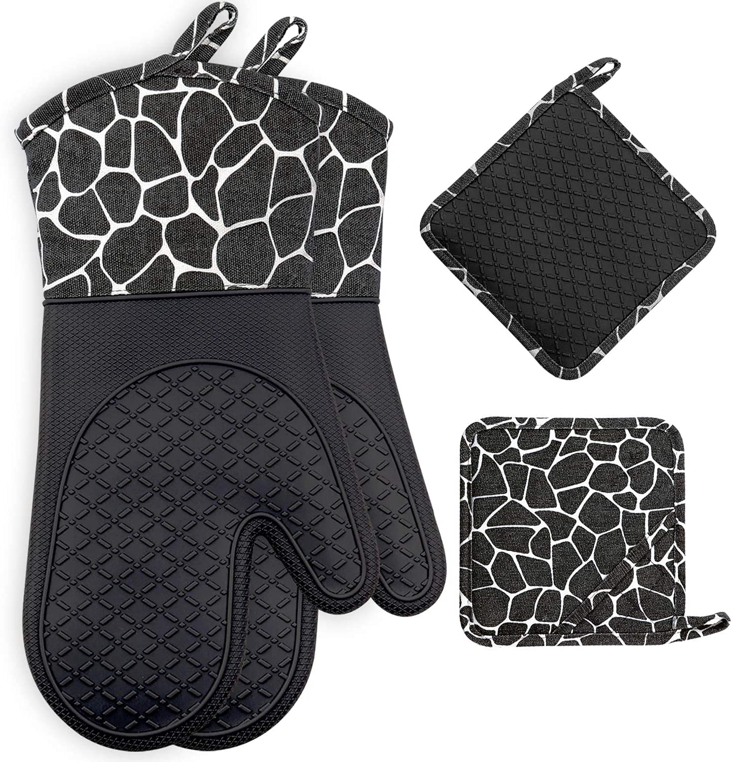 Gesentur Oven Gloves, Heat Resistant Silicone Oven Gloves, Non-Slip Kitchen Oven Mitts 1 Pair and 2 Pot Holders, for Kitchen, Cooking, Baking, Grilling, Barbecue (Black)