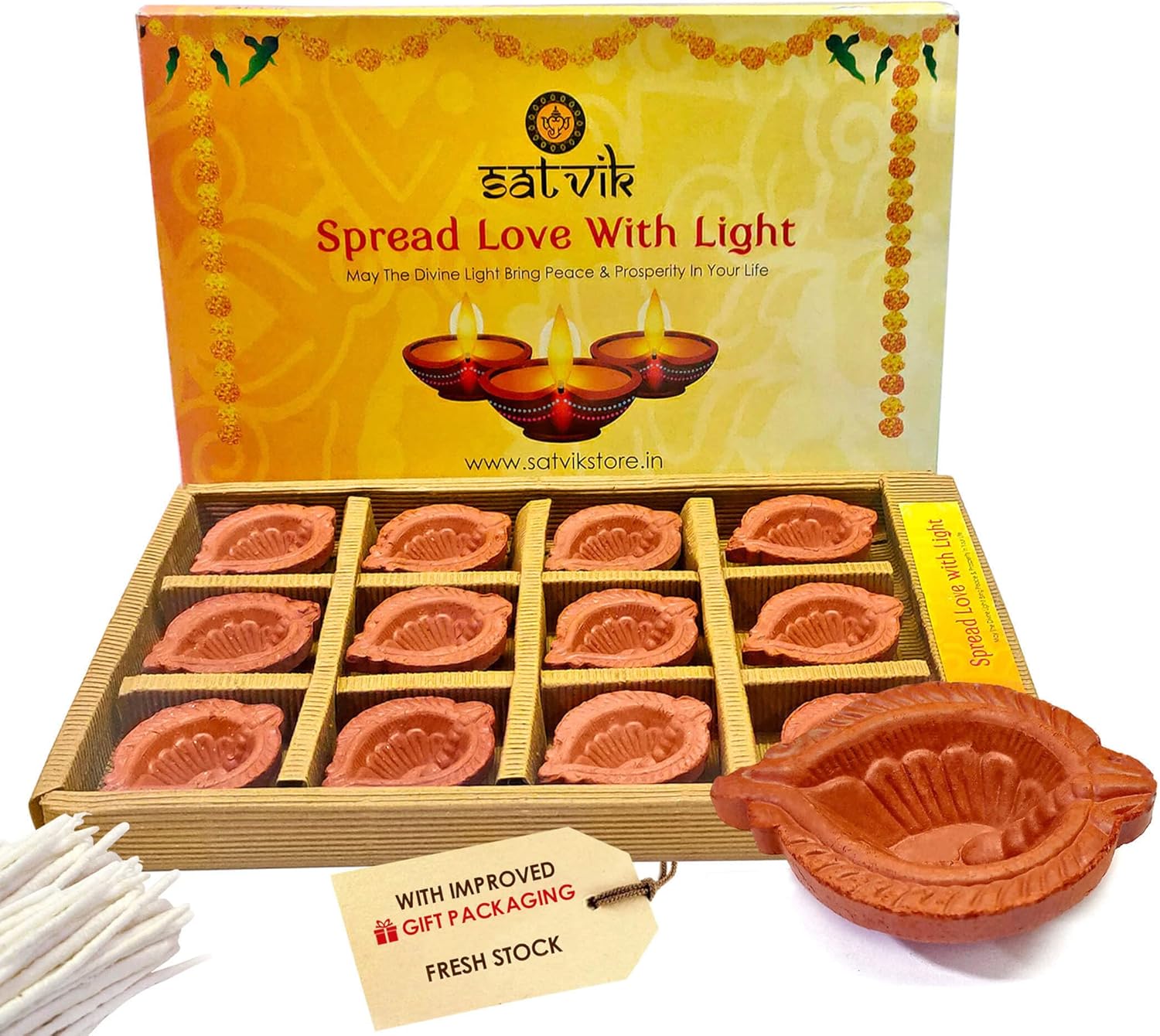 Oil Lamps & Accessories - SATVIK 12 Pc Set Clay Diya Diwali Dia with Cotton Wicks for Puja Pooja Traditional Handmade Terracotta Earthen Vilakku Oil Lamp Diyas Natural Mitti Welcome Deepawali Decoration Indian Gift Items