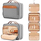 COOSKY Travel Hanging Toiletry Bag for Women, Holds Full-Size Shampoo, with Jewelry Organizer Compartment, Extra Large Makeup Bag, Waterproof Cosmetic Bag, Toiletries Kit Set with Trolley Belt, Grey