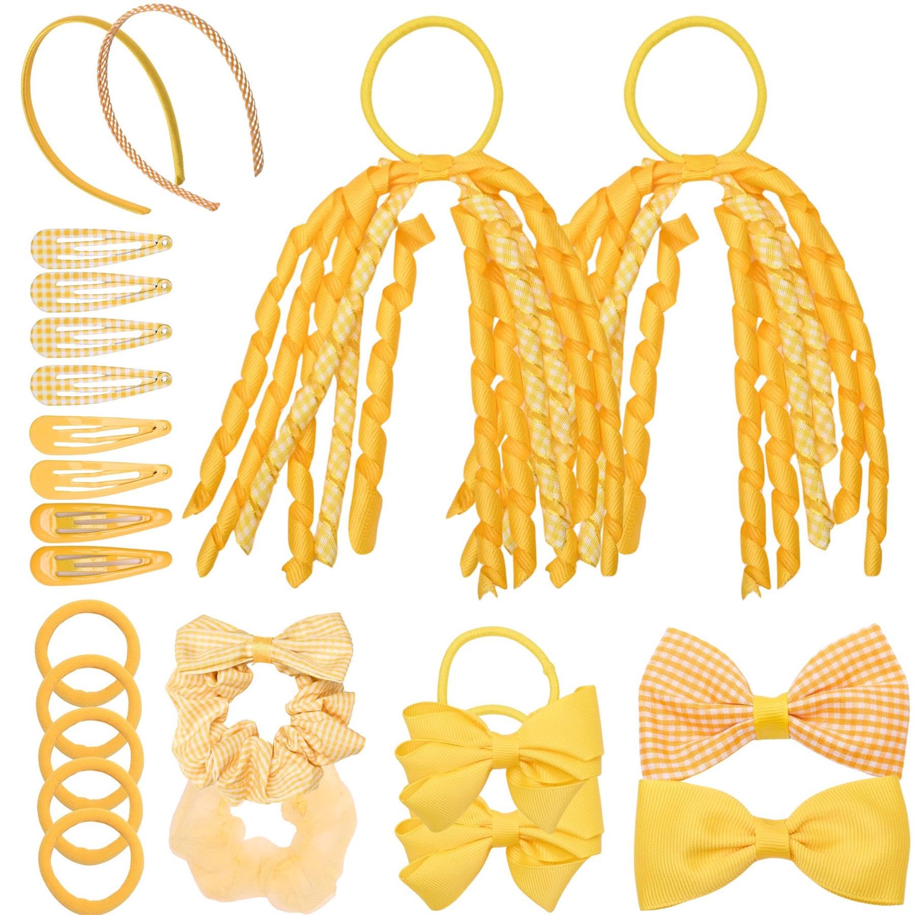 Basic Sense Gingham Girl Hair Accessories Set 23 Pieces Hair Ties, Pins, Scrunchies, Ribbon Ponytail Holder Summer School Check Uniform, Yellow — image 1
