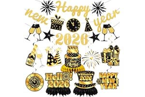 BLUEGOGO 16Pcs Gold Black New Years Decorations 2026, Happy New Year Decorations 2026 Include Banner Hanging Swirls and Honeycomb Centerpiece New Years EVE Decorations for New Year Party Supplies