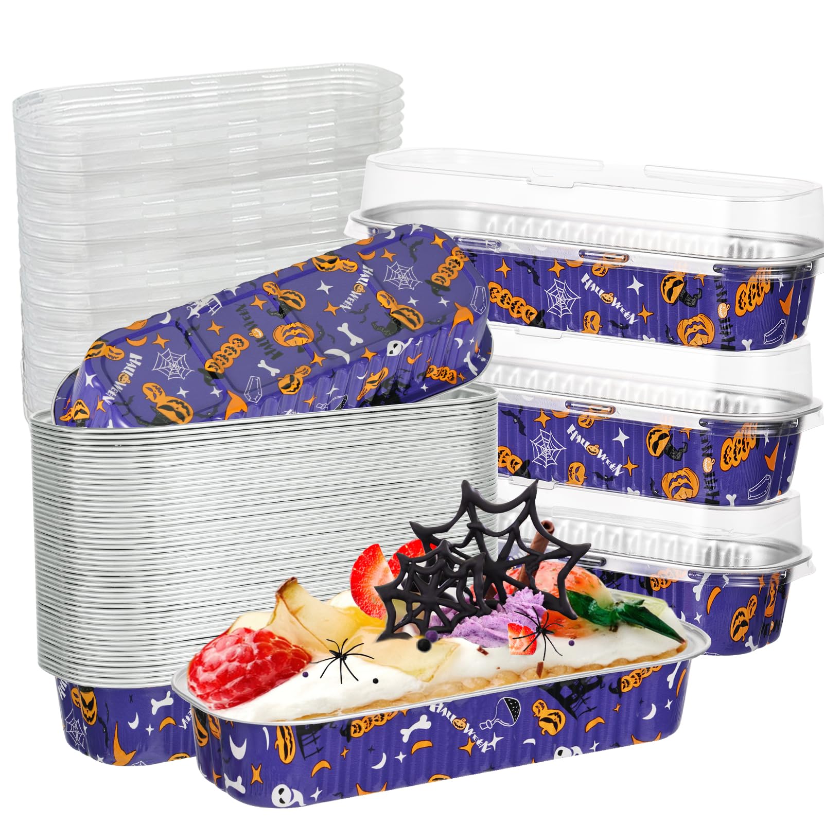 Photo 1 of 100Pcs Halloween Mini Loaf Pans with Lids, 6.8oz Rectangular Aluminum Foil Baking Pans Disposable Mini Cake Pans for Halloween Party