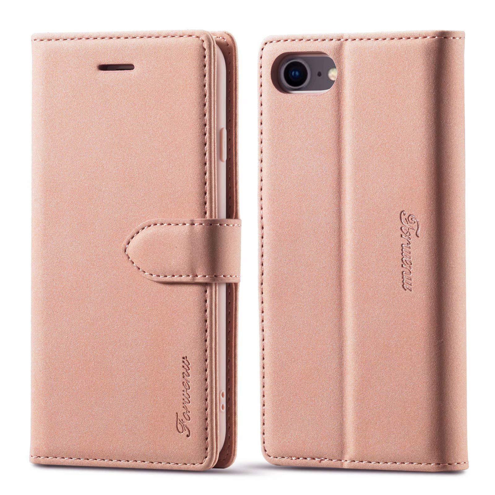 LOLFZ Premium Leather Wallet Case - iPhone 7/8/SE 2020/SE 2022, Card Holder, Kickstand, Magnetic Closure Flip Case - Rose Gold