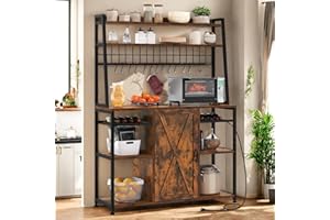 YITAHOME Large Bakers Rack with Power Outlet and Storage Cabinet, 47 Inch Farmhouse Coffee Bar Cabinet, Kitchen Microwave Stand with Wine Shelves and 12 Hooks, Rustic Brown