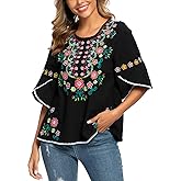 Mexican Shirts Peasant Blouses for Women Cotton Embroidered Blouses Fiesta Summer Bohemian Shirts 3/4 Sleeves