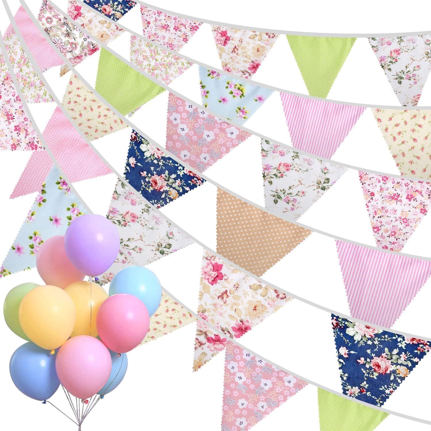 Alintor 45.9ft Bunting + Balloons, 46Pcs Floral Vintage Bunting, Reusable Bunting Flags for Birthday, Party, Garden, Afternoon Tea, Mothers Day, Spring Decorations