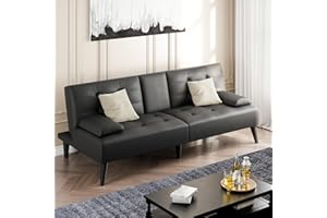 Shintenchi Futon Sofa Bed, Leather Foldable Couch, Reclining Sleeper w/Removable Armrests, Upholstered Loveseat w/Folding Cup Holders for Home, Office, Black