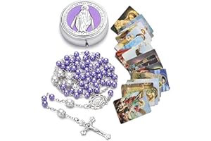 SZQCZB Rosary for Women with Case and 18pcs Prayer Cards, First Communion Gifts for Girls, Glass Pearl Beads and Virgin Mary Medal, Catholic Gifts