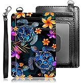 BREIDMKFM Credit Card Holder Slim Wallet,RFID Wallet Women Front Pocket Small Card Holder Travel Cute Thin Minimalist Card Case Leather Flat Wallet with ID Window&Wrist Strap,Glitter Sea Turtle
